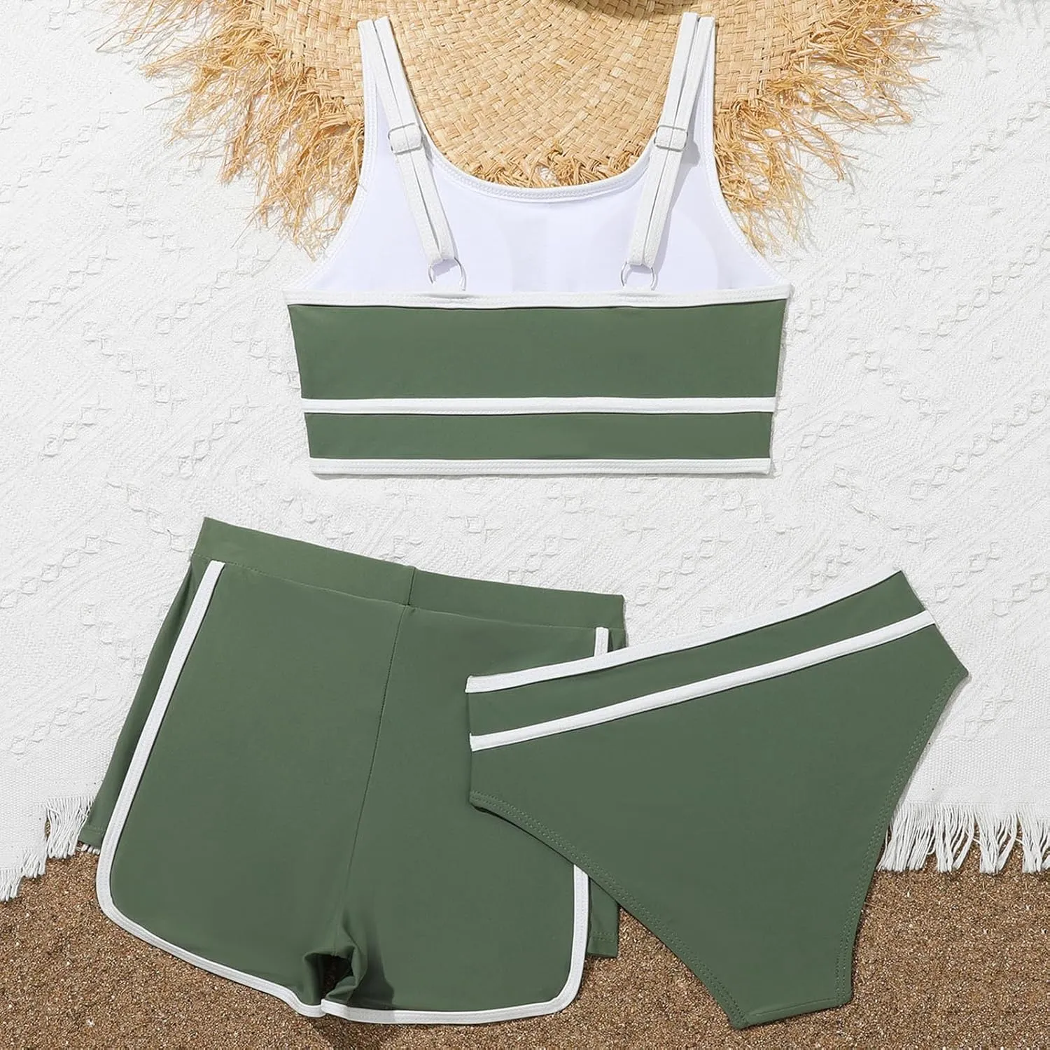 3 Piece Teen Bathing Suits for Girls Letter Sports Tank Tops with Underpants Shorts Bikini Set Quick Dry Beach Swimwear
