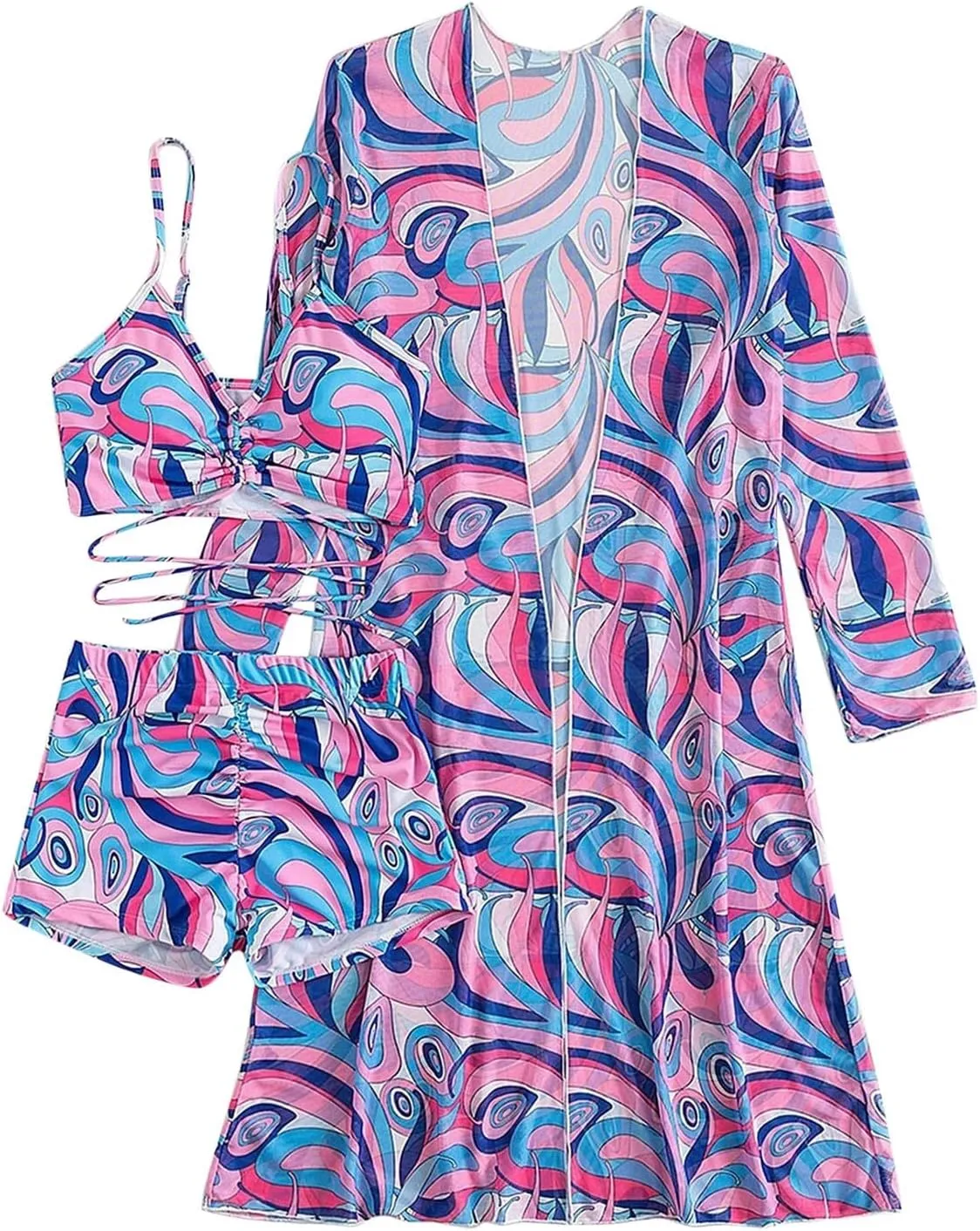 3 Pieces Swimsuit Sets for Women 2024 High Waist Bikini Sets with Cover Ups Summer Beach Cheeky Bathing Suit Swimwear