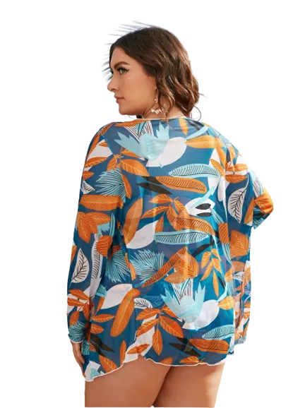 3pack Plus Plant Print Knot Front Bikini Swimsuit & Kimono