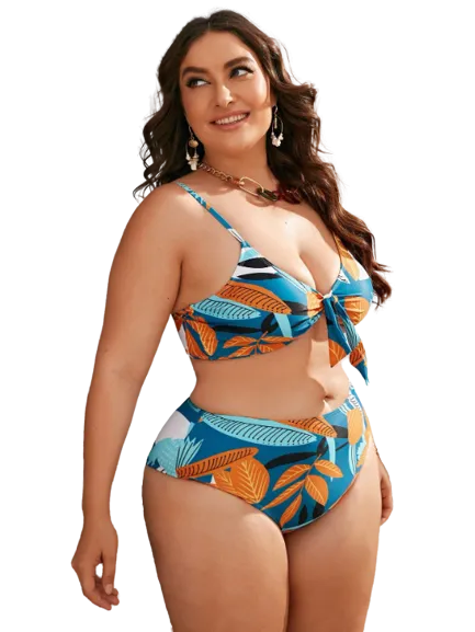3pack Plus Plant Print Knot Front Bikini Swimsuit & Kimono
