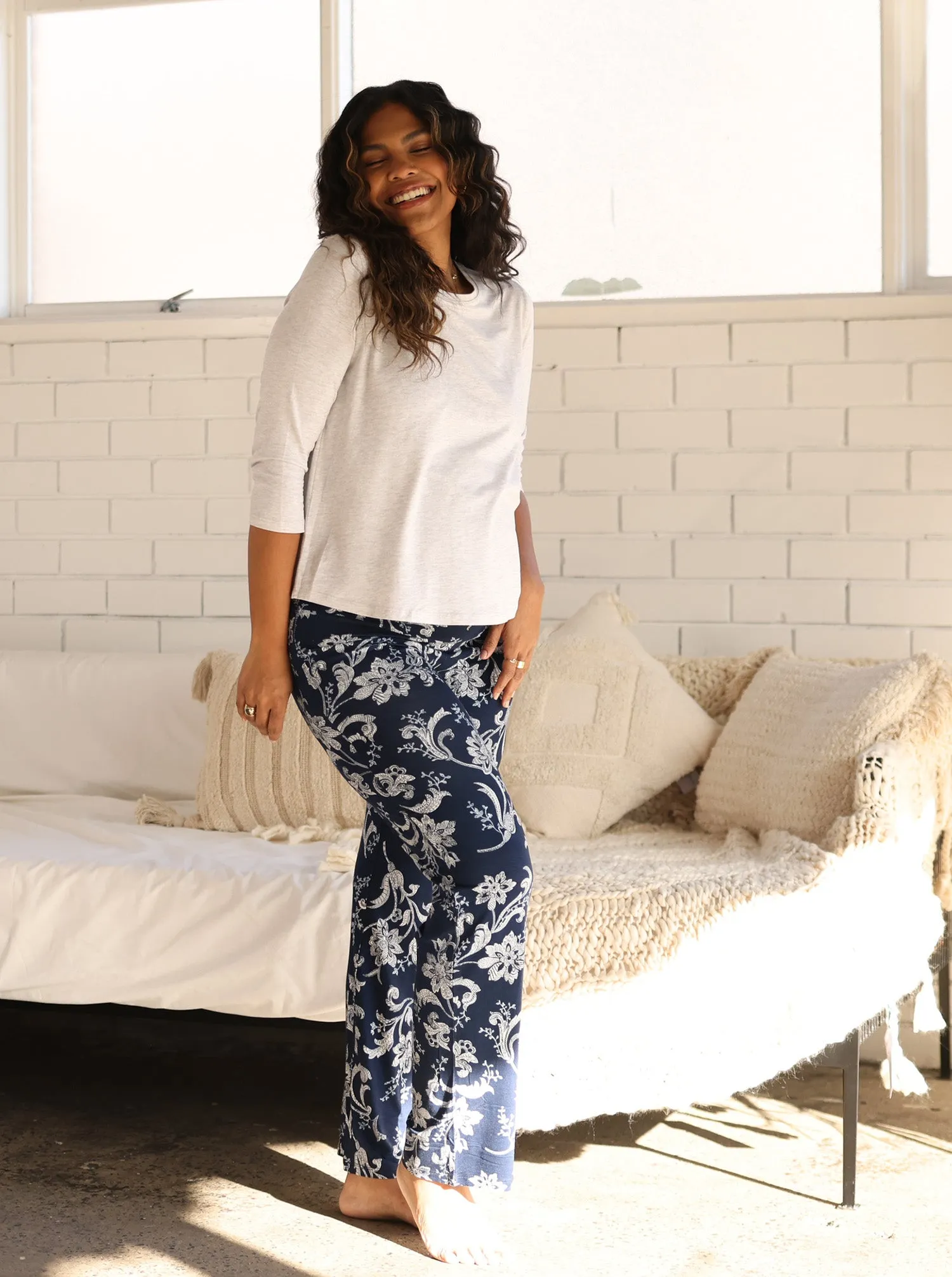 4 Pieces  Maternity Lounge Wear Set-  Grey/Parsley Print