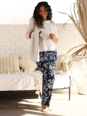 4 Pieces  Maternity Lounge Wear Set-  Grey/Parsley Print