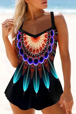 Abstract Print Hit Color Spaghetti Strap Colorful Tankini