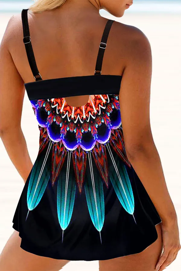 Abstract Print Hit Color Spaghetti Strap Colorful Tankini