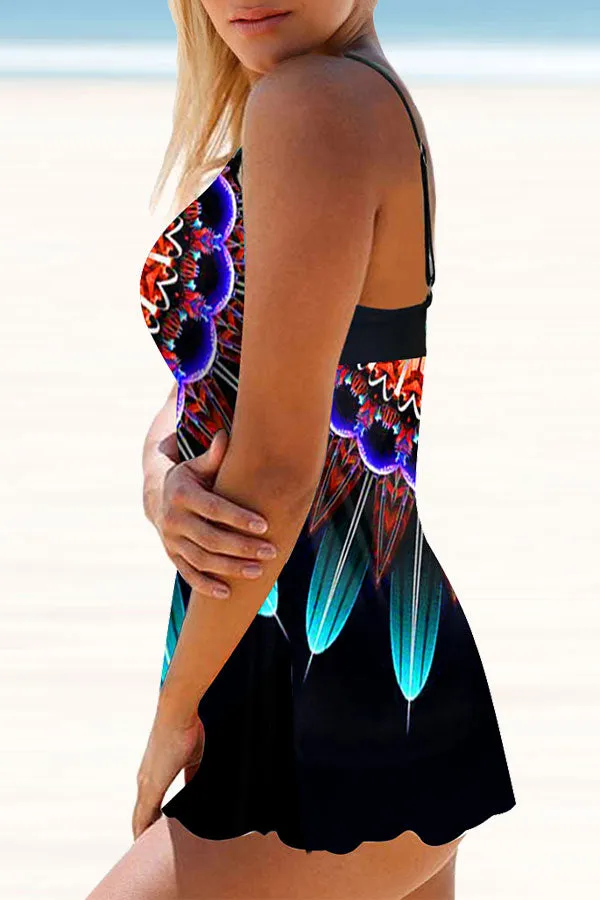 Abstract Print Hit Color Spaghetti Strap Colorful Tankini
