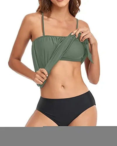 Adjustable Bandeau Tankini Tops For Women-Olive Green