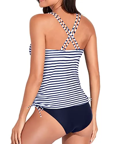 Adjustable Criss Cross Shoulder Straps Tankini Swimsuits-Blue White Stripe