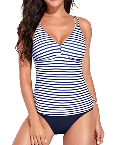 Adjustable Criss Cross Shoulder Straps Tankini Swimsuits-Blue White Stripe