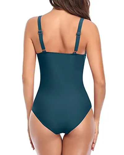Adjustable Halter Straps Padded Push Up Bras One Piece Swimsuits-Teal