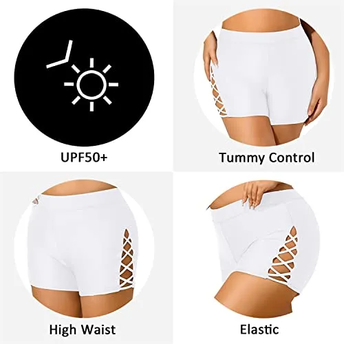 Adjustable Side Straps High Waisted Swim Shorts Plus Size Swimsuit Bottoms-White