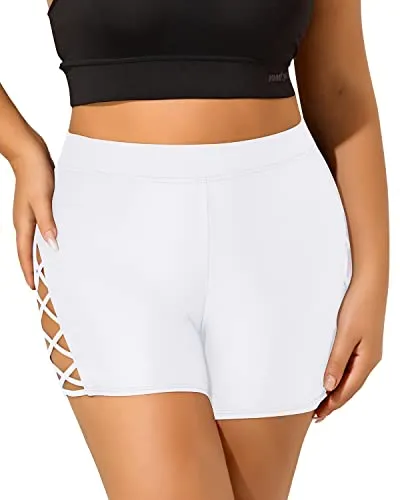 Adjustable Side Straps High Waisted Swim Shorts Plus Size Swimsuit Bottoms-White