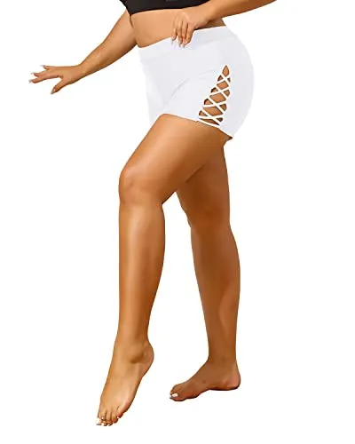 Adjustable Side Straps High Waisted Swim Shorts Plus Size Swimsuit Bottoms-White