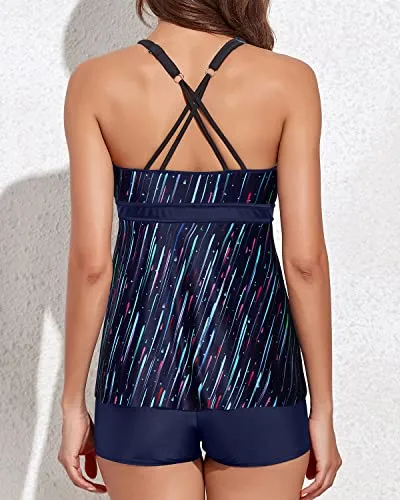 Adjustable Strap Flowy Tankini Bathing Suits Boy Shorts-Navy Blue