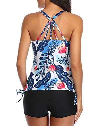 Adjustable Strappy Back Athletic Tankini Swimsuits For Women-White And Blue Floral
