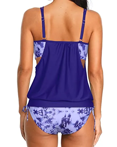 Adjustable Tie Side Tankini Shorts Bathing Suits For Women-Starry Blue Tie Dye