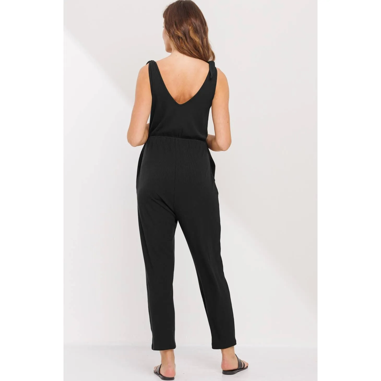 Adjustable Tie Sleeve Maternity Jumpsuit - Black
