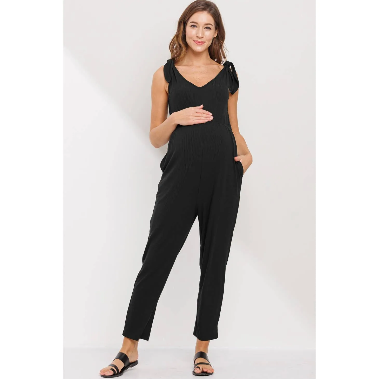 Adjustable Tie Sleeve Maternity Jumpsuit - Black