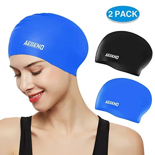 aegend No Leaking Swim Goggles, with 2 Pack Long Hair Swim Caps (Black   Blue)