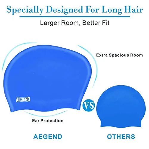 aegend No Leaking Swim Goggles, with 2 Pack Long Hair Swim Caps (Black   Blue)