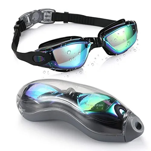 aegend No Leaking Swim Goggles, with 2 Pack Long Hair Swim Caps (Black   Blue)