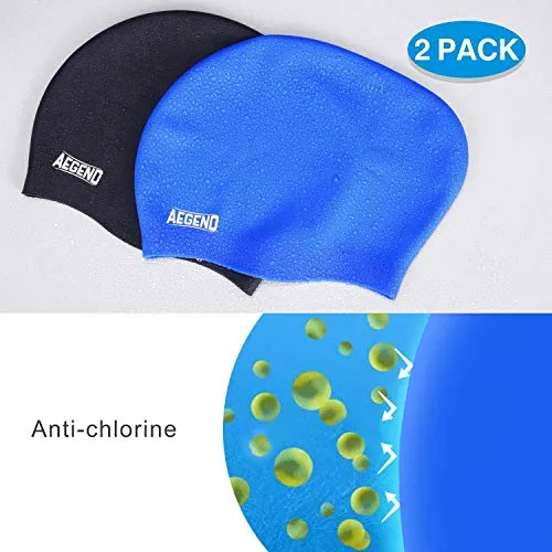 aegend No Leaking Swim Goggles, with 2 Pack Long Hair Swim Caps (Black   Blue)