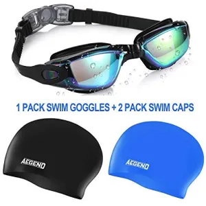 aegend No Leaking Swim Goggles, with 2 Pack Long Hair Swim Caps (Black   Blue)