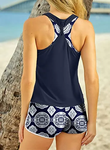 Aleumdr 3 Piece Athletic Tankini Swimsuits for Women with Shorts Swim Tank Tops with Sports Bra and Boyshorts Bathing Suits Blue Medium