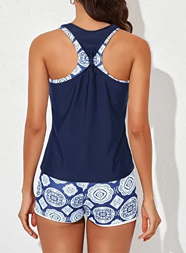 Aleumdr 3 Piece Athletic Tankini Swimsuits for Women with Shorts Swim Tank Tops with Sports Bra and Boyshorts Bathing Suits Blue Medium