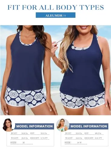 Aleumdr 3 Piece Athletic Tankini Swimsuits for Women with Shorts Swim Tank Tops with Sports Bra and Boyshorts Bathing Suits Blue Medium