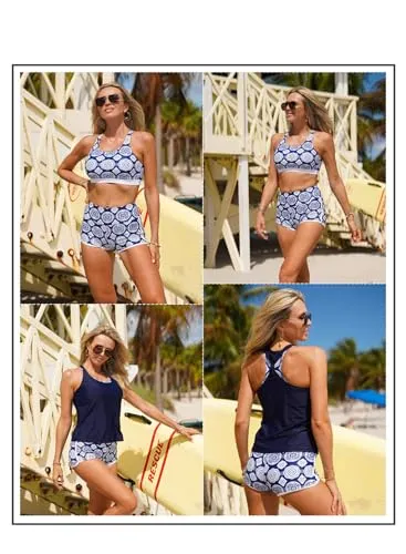 Aleumdr 3 Piece Athletic Tankini Swimsuits for Women with Shorts Swim Tank Tops with Sports Bra and Boyshorts Bathing Suits Blue Medium