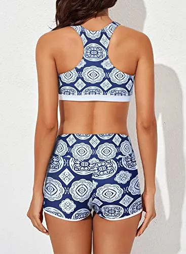 Aleumdr 3 Piece Athletic Tankini Swimsuits for Women with Shorts Swim Tank Tops with Sports Bra and Boyshorts Bathing Suits Blue Medium