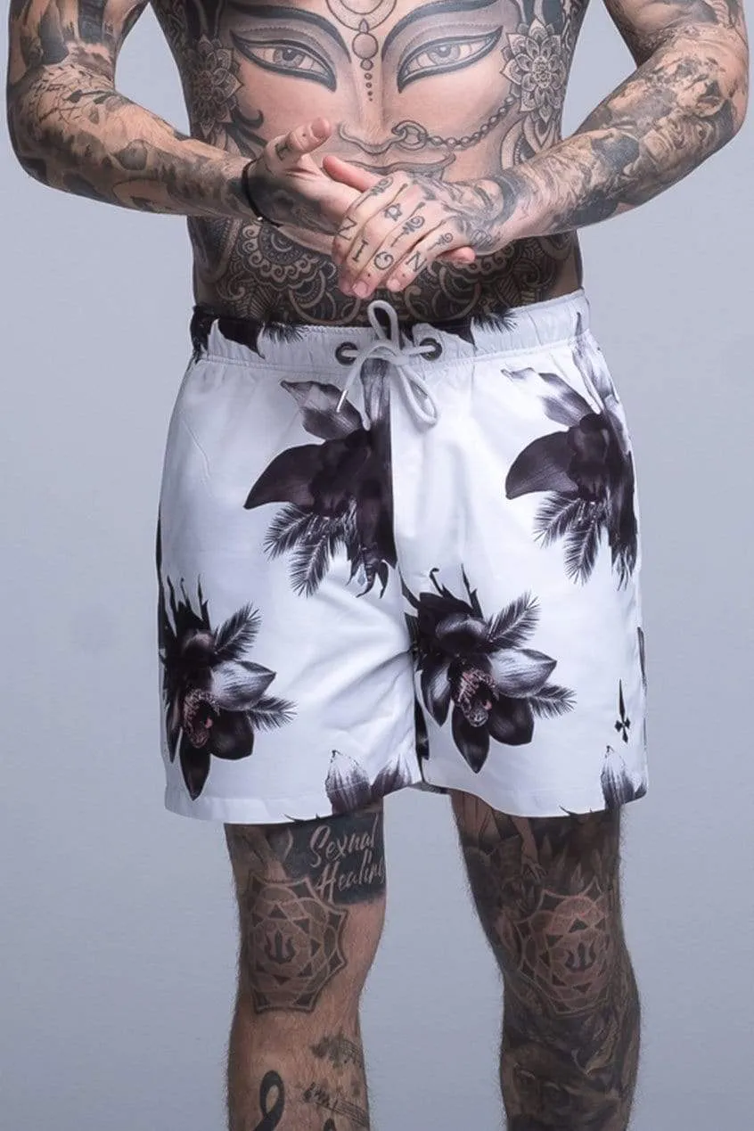 All Over Orchid Print Men's Swim Shorts - White