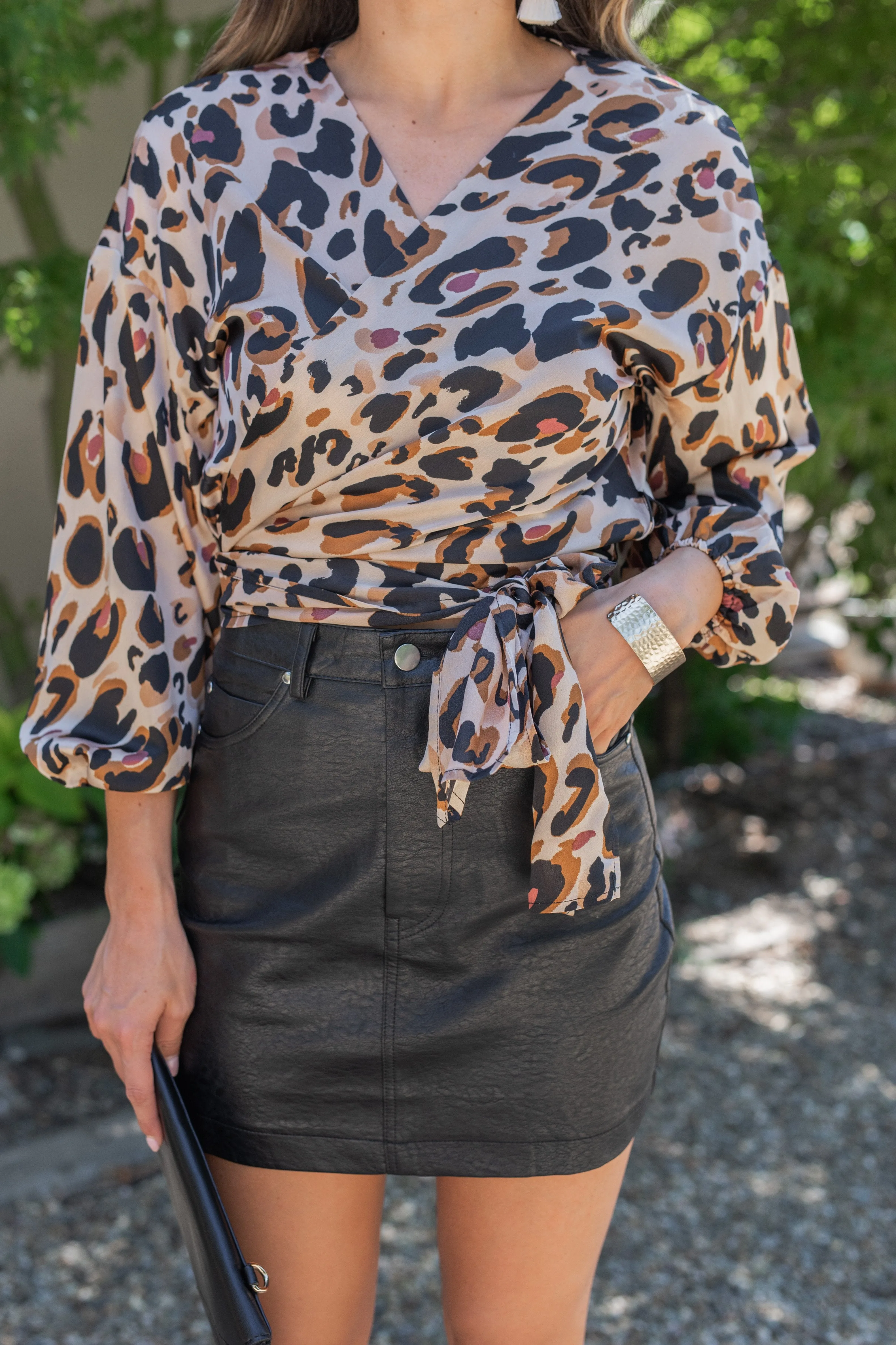 All The Moves Brown Leopard Wrap Top