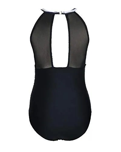 Alluring High Neck Mesh Women's Bathing Suit-Black And White Stripe