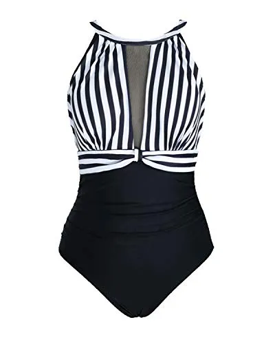 Alluring High Neck Mesh Women's Bathing Suit-Black And White Stripe