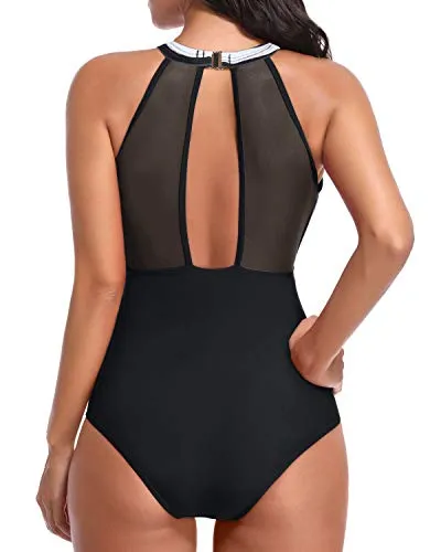 Alluring High Neck Mesh Women's Bathing Suit-Black And White Stripe