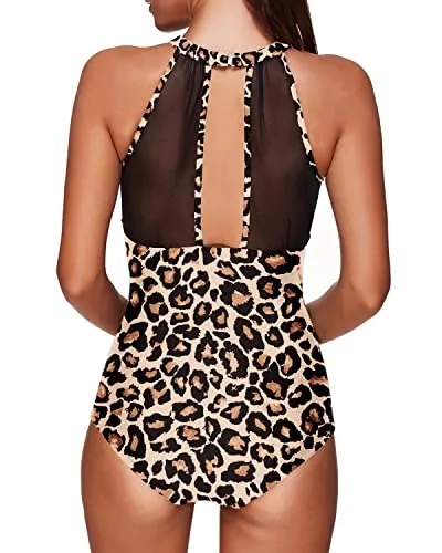 Alluring Mesh Push-Up One Piece Swimsuit For Women-Leopard