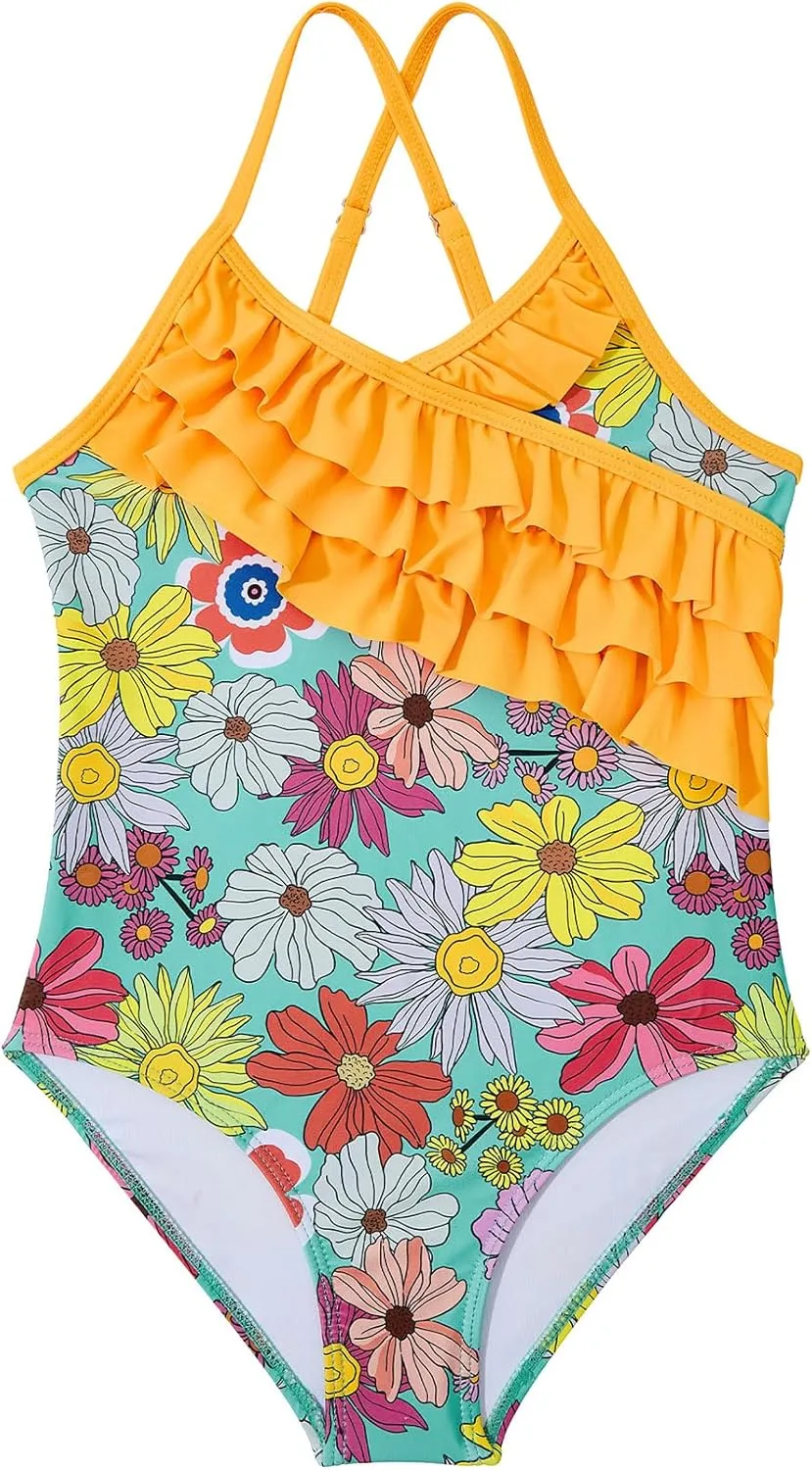 American Trends Girls One Piece Swimsuits Ruffle Beach Bathing Suits for Girls' One-Piece Swimwear