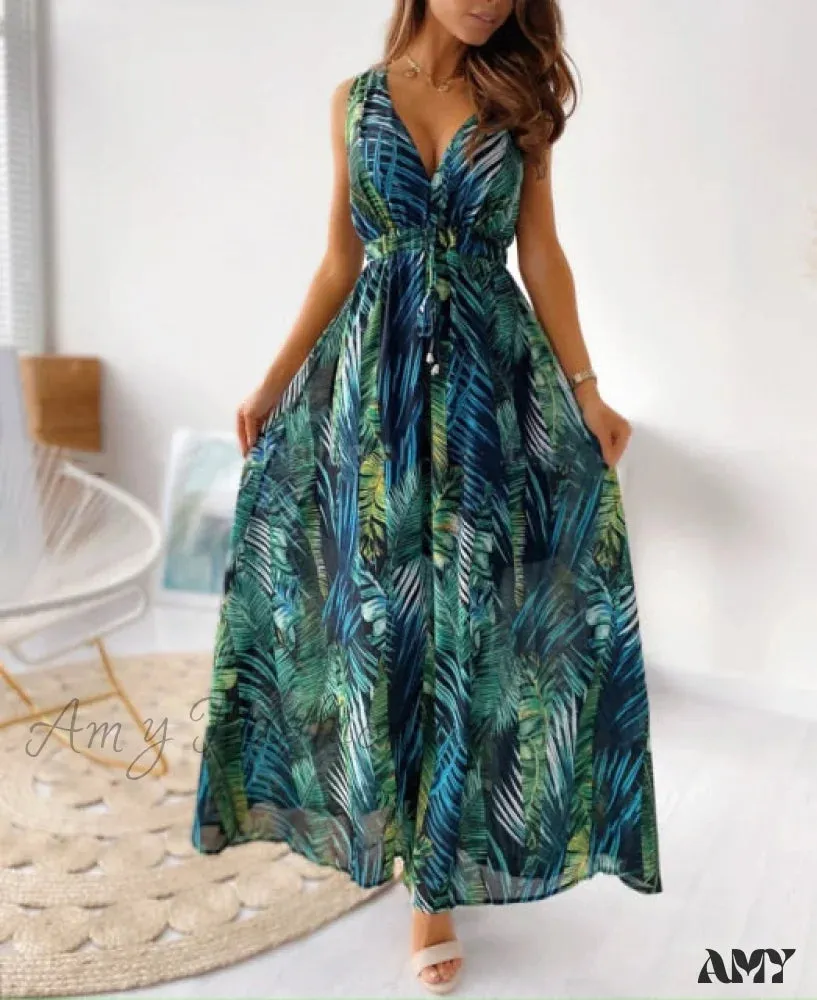 Amy Fashion - Sexy Deep V-Neck Ankle-Length Beach Party Dress
