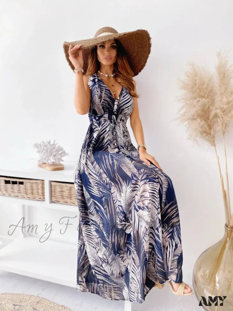 Amy Fashion - Sexy Deep V-Neck Ankle-Length Beach Party Dress