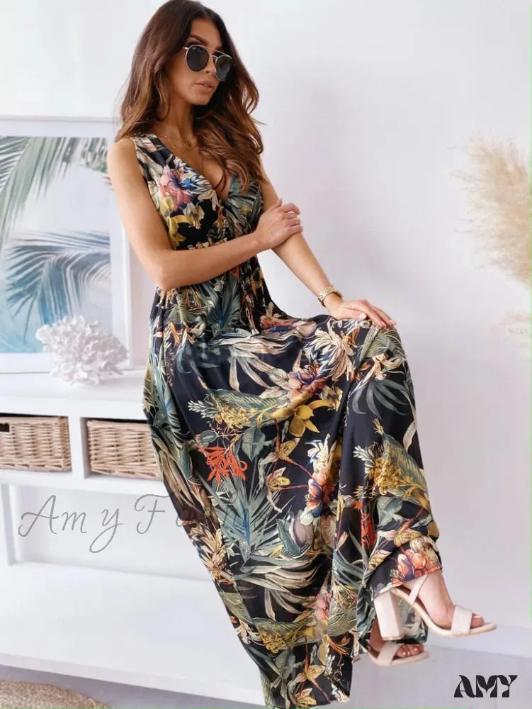 Amy Fashion - Sexy Deep V-Neck Ankle-Length Beach Party Dress
