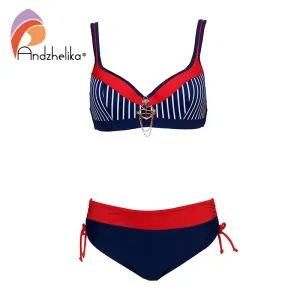Andzhelika Sexy Striped Bikinis Women Swimsuit Patchwork Large Cup Bikini Set Push Up Swimwear Beach Plus Size Bathing Suit