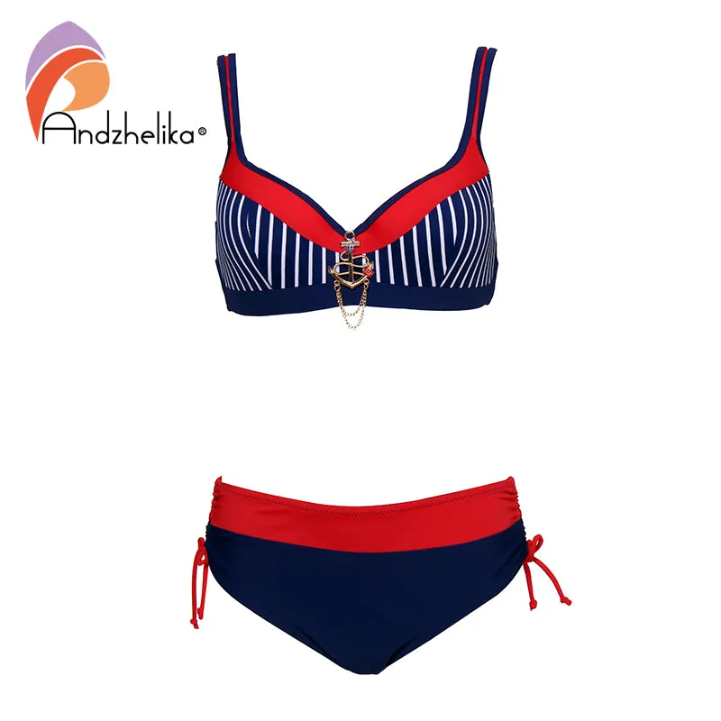 Andzhelika Sexy Striped Bikinis Women Swimsuit Patchwork Large Cup Bikini Set Push Up Swimwear Beach Plus Size Bathing Suit