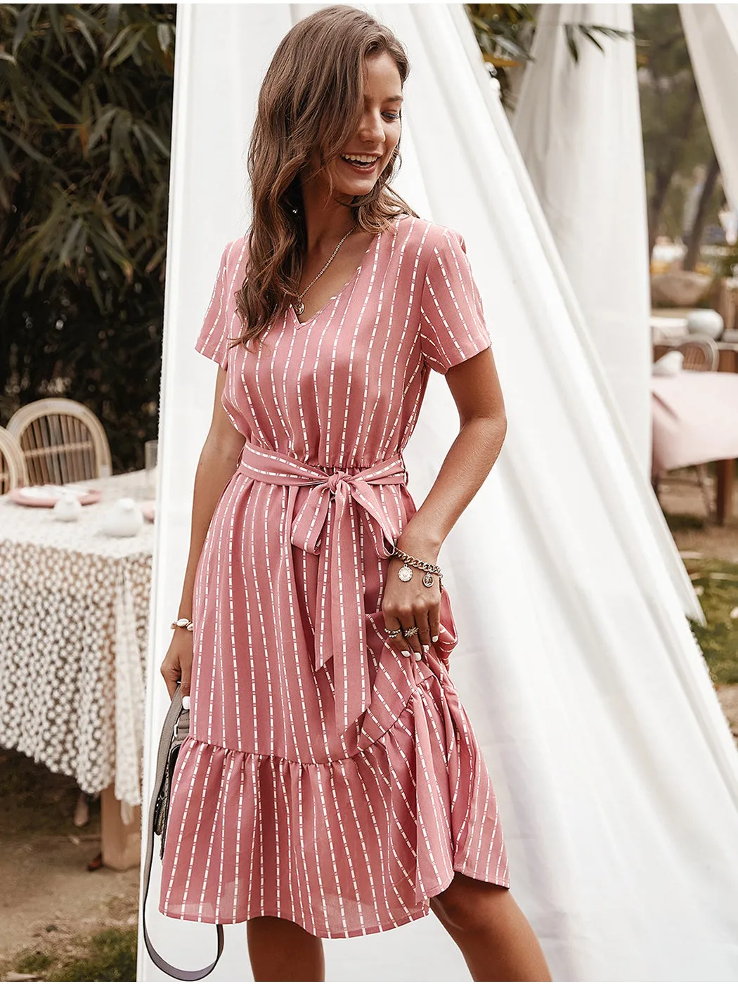 Anna-Kac Vertical Striped Short Sleeve Ruffle Flowy Swing Dress With Belt