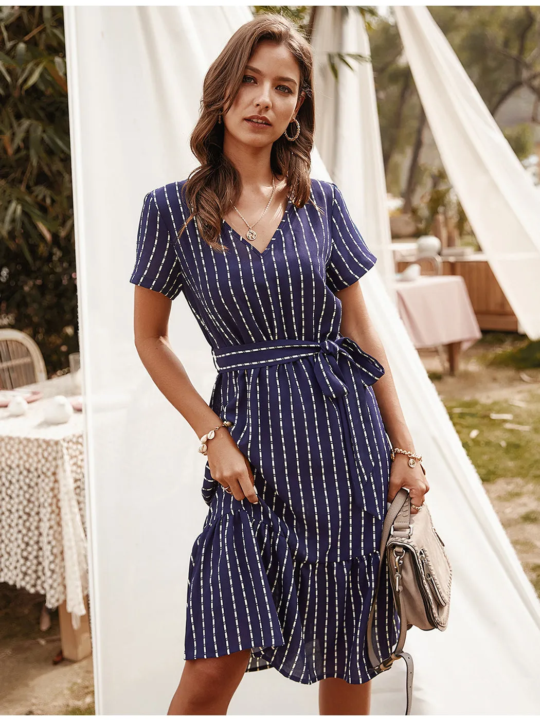 Anna-Kac Vertical Striped Short Sleeve Ruffle Flowy Swing Dress With Belt