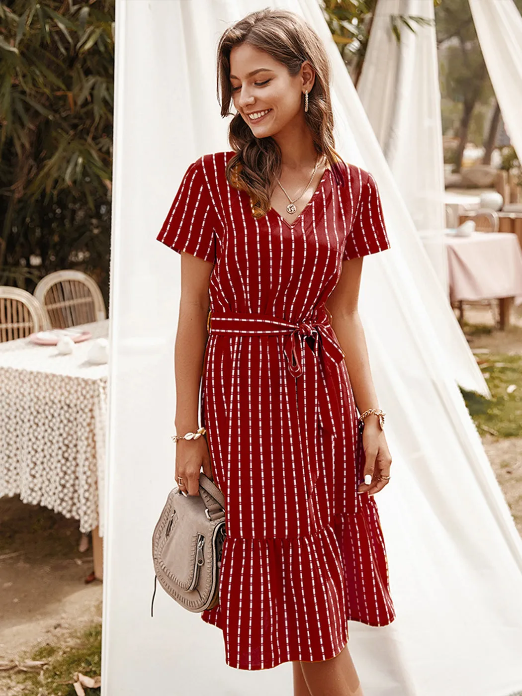 Anna-Kac Vertical Striped Short Sleeve Ruffle Flowy Swing Dress With Belt