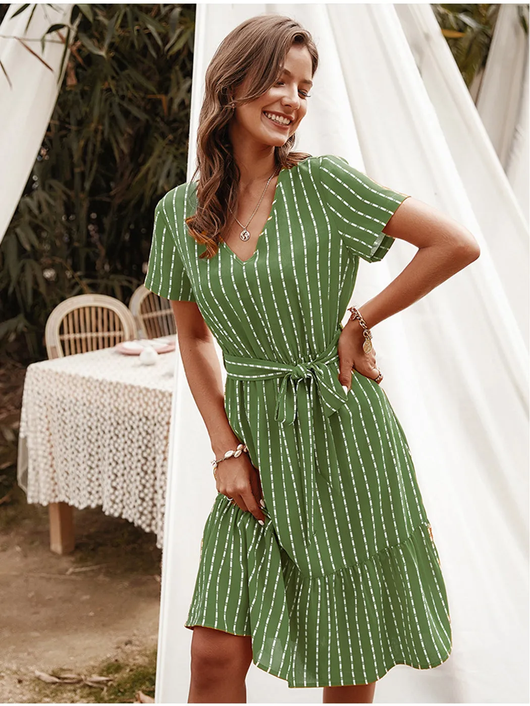 Anna-Kac Vertical Striped Short Sleeve Ruffle Flowy Swing Dress With Belt