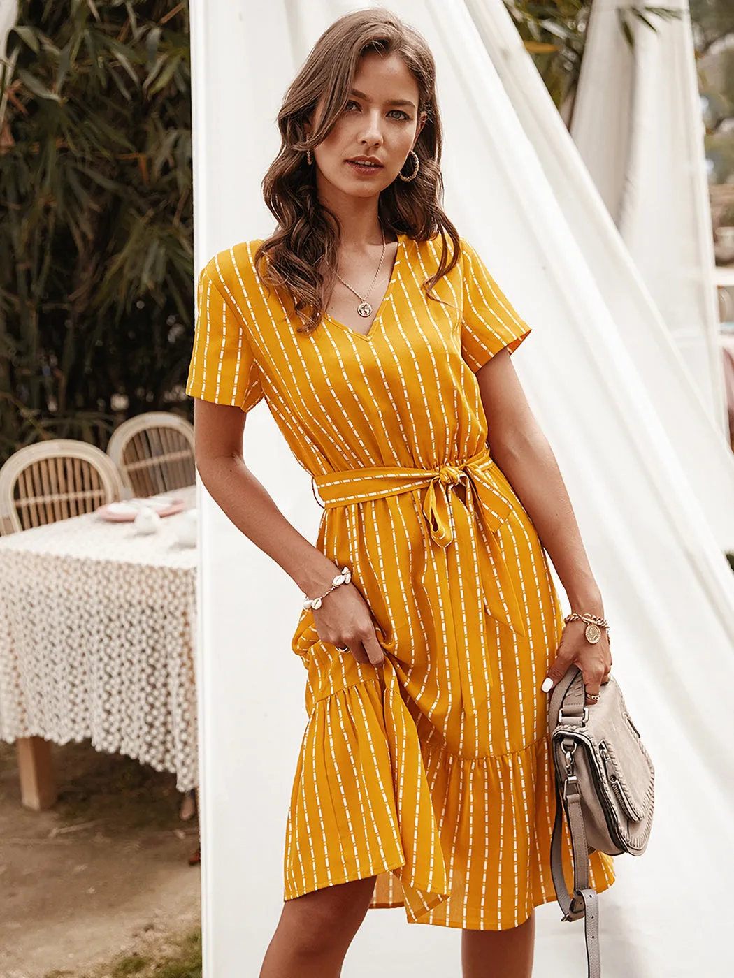 Anna-Kac Vertical Striped Short Sleeve Ruffle Flowy Swing Dress With Belt