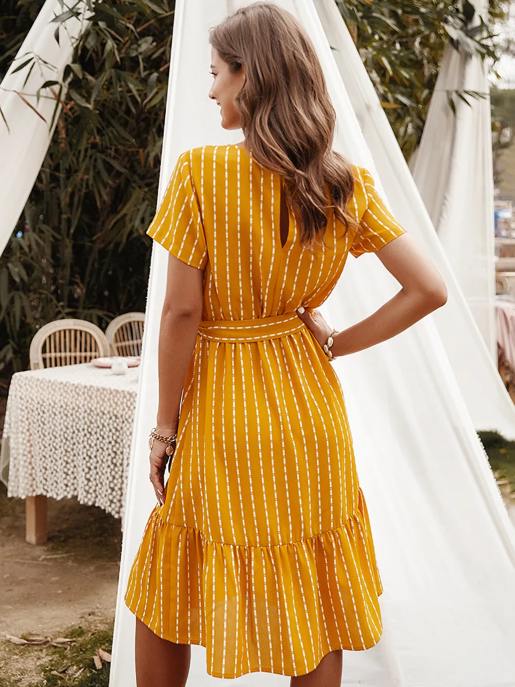 Anna-Kac Vertical Striped Short Sleeve Ruffle Flowy Swing Dress With Belt