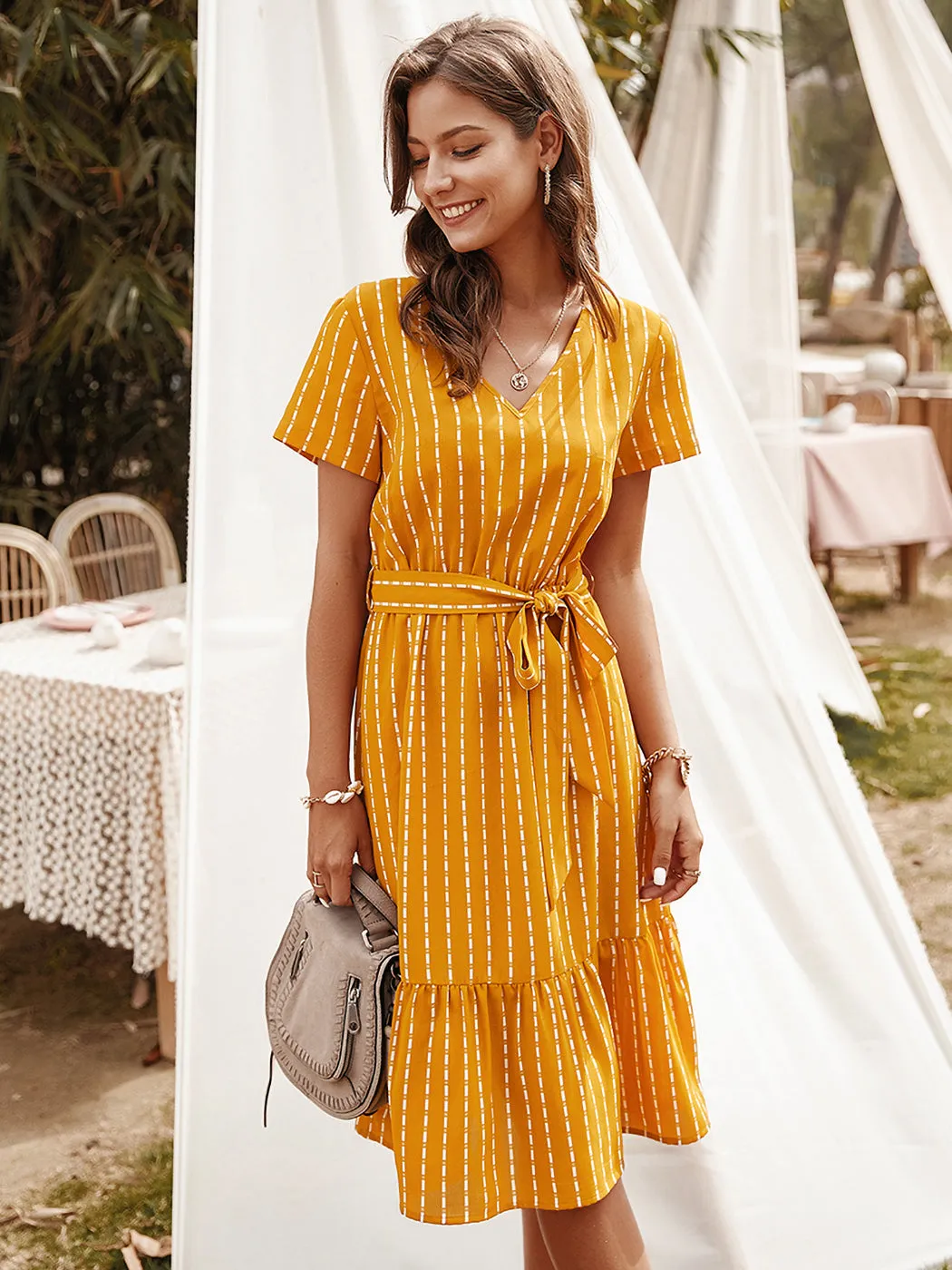 Anna-Kac Vertical Striped Short Sleeve Ruffle Flowy Swing Dress With Belt